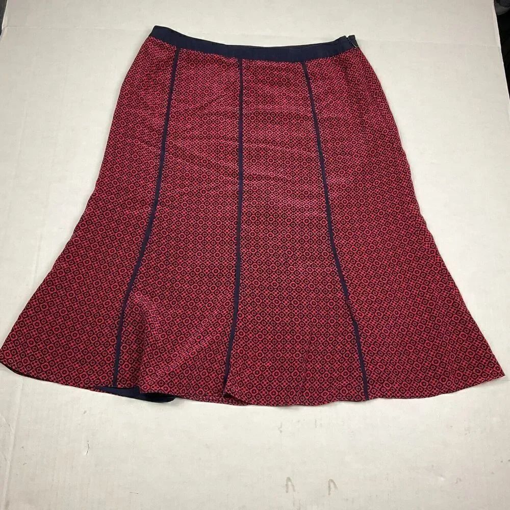 Due Per Due Silk A-Line Skirt Red Blue Print Side Zip Close Knee Length Size 6 *